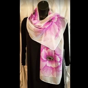White scarf/wrap with big purple flowers